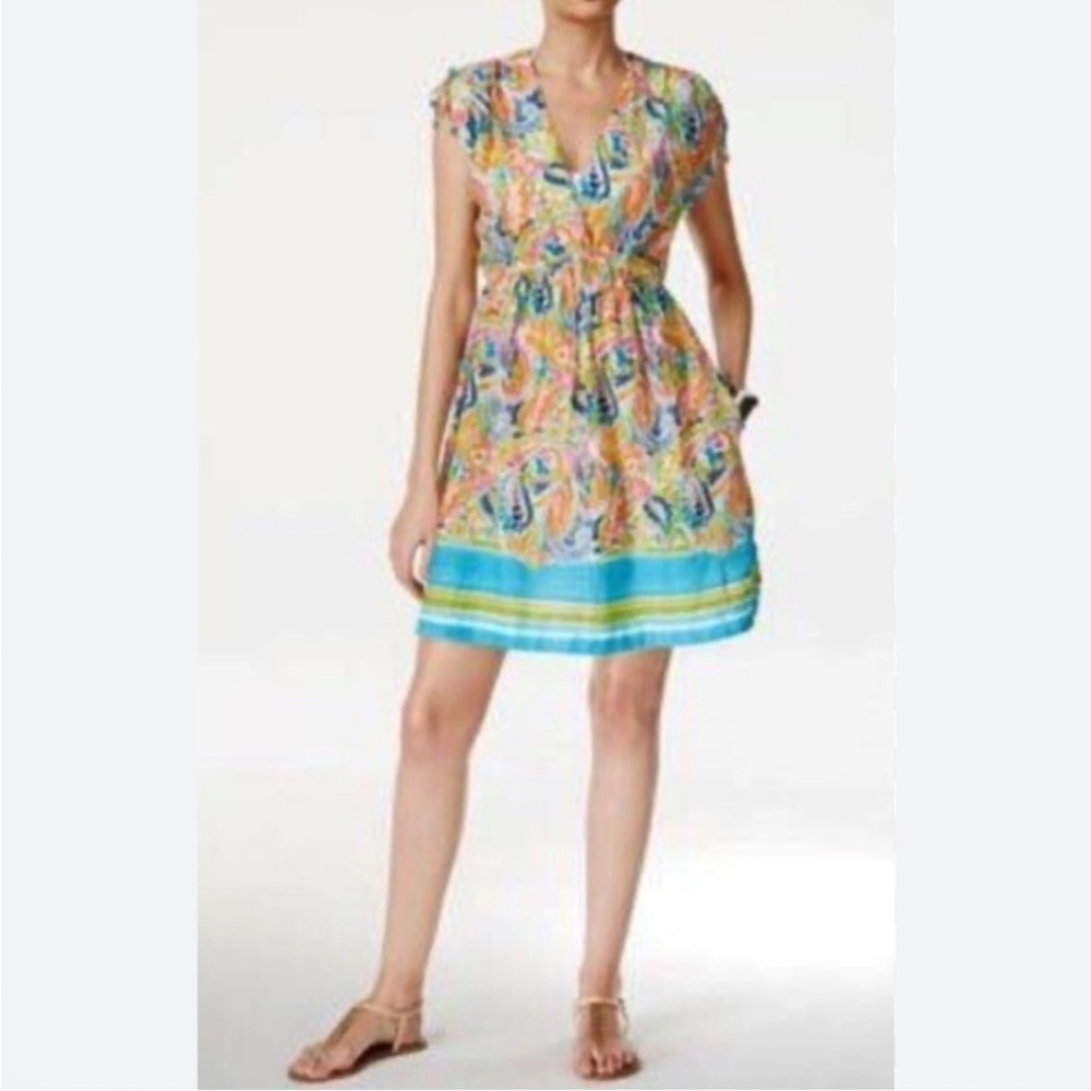Ralph Lauren Swim Coverup Paisley Watercolor Pink Blue Green V neck
